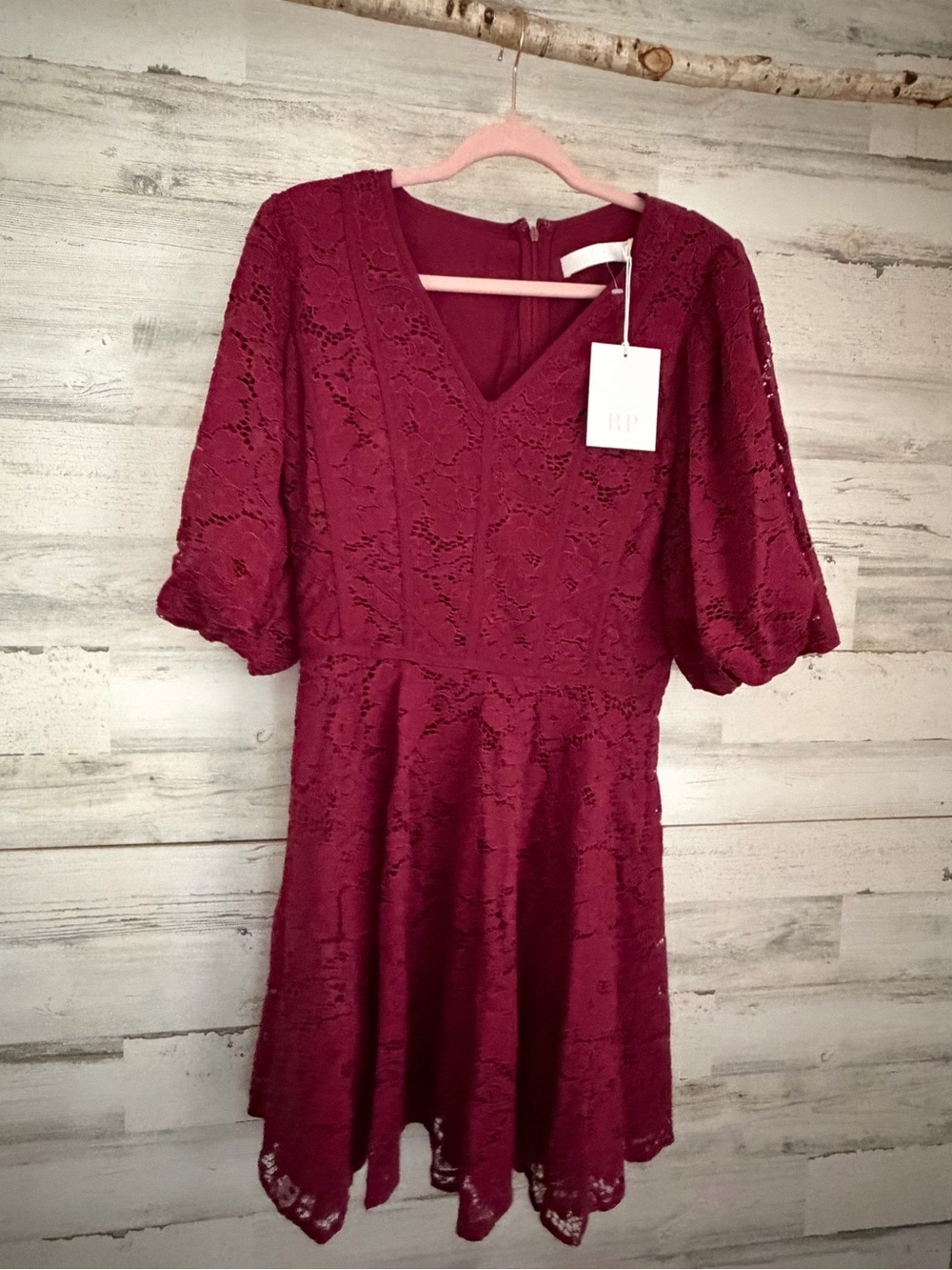 Rachel Parcell Burgundy Lace V-Neck Puff Sleeve Mini Dress - Picture 3 of 4